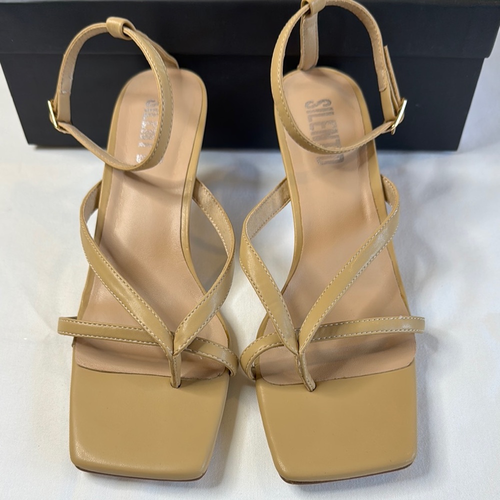 Tan Kitten Heel Sandals with Ankle Strap